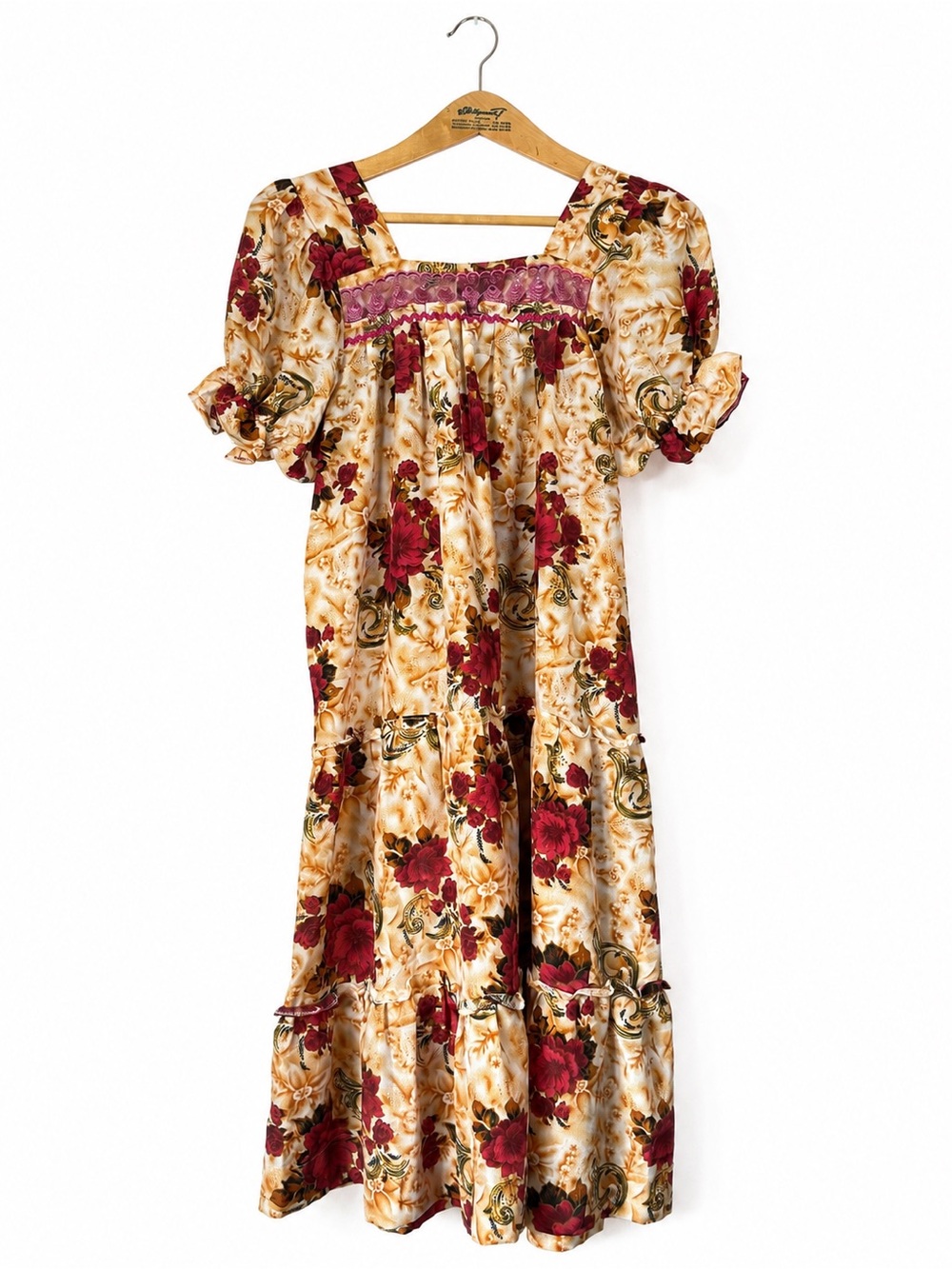 Floral Patchwork Tiered Midi Dress Puff Sleeve Wine Burgundy - Picture 2 of 11